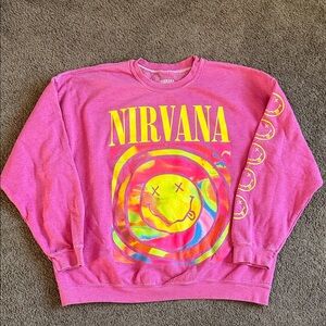 Urban Outfitters NIRVANA Neon Pink Smiley Sweatshirt